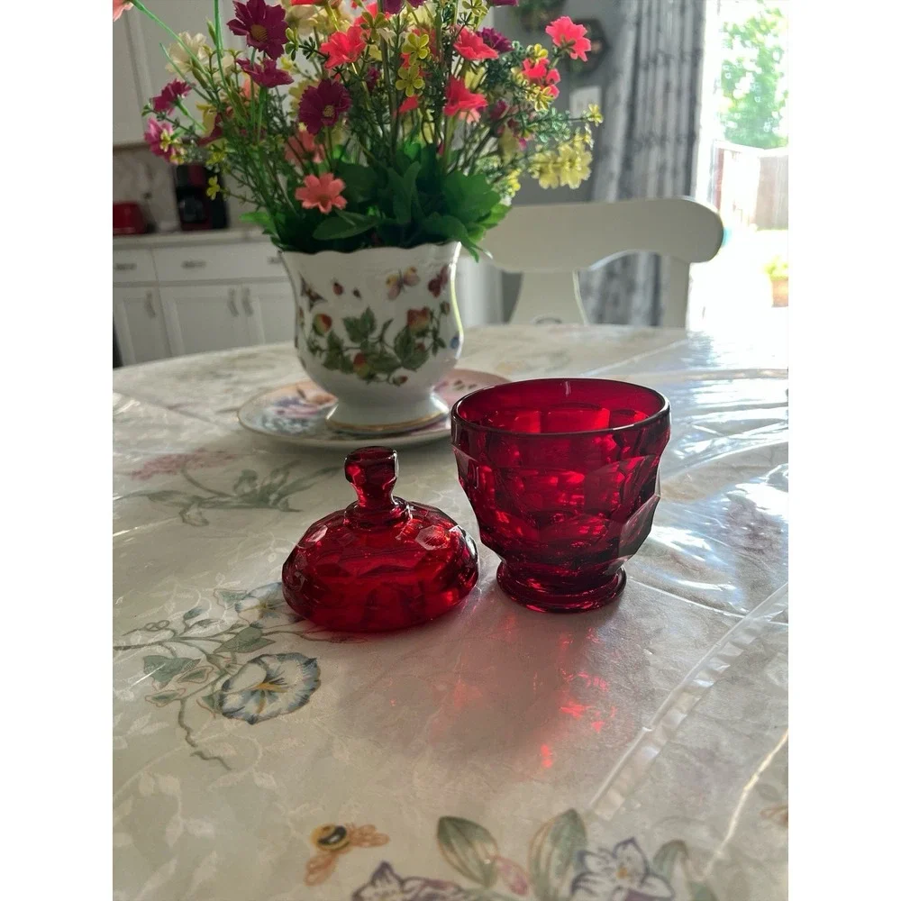 Vintage Ruby Red Glass Covered Candy Dish Trinket Jar Faceted Pedestal
